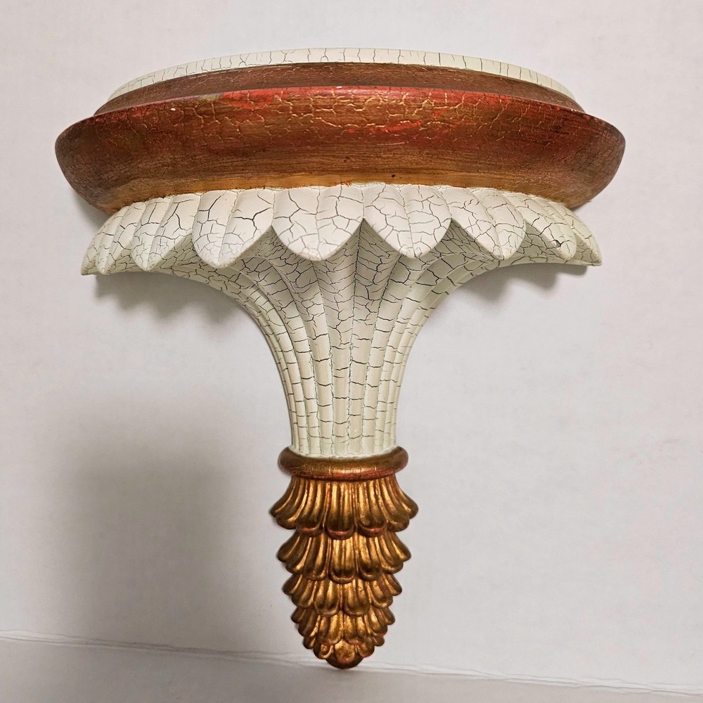 Vintage Style Crackle Glaze Wall Corbel Shelf Cream Gold Leaf Finial 11 inch